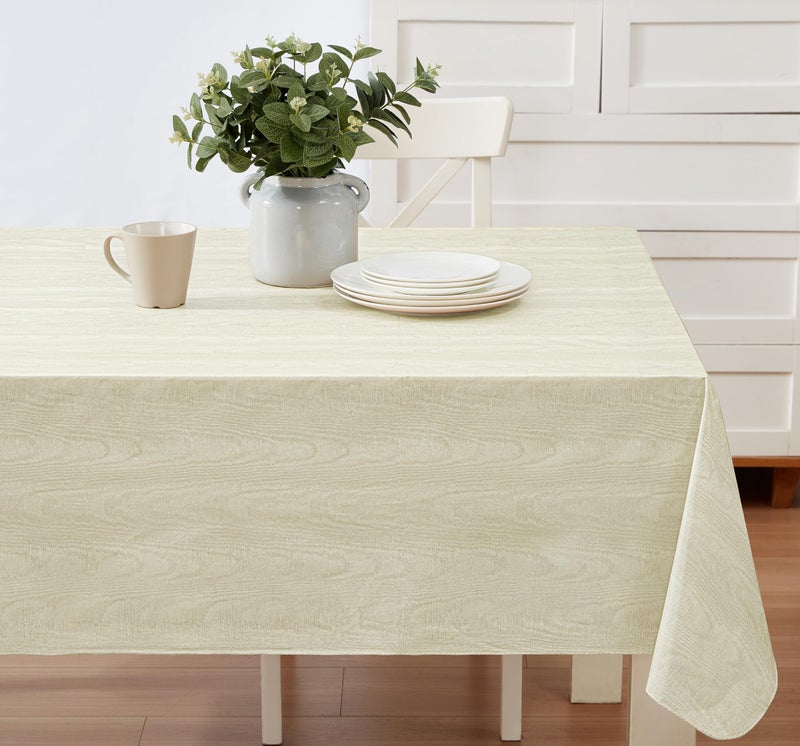 Newbridge Vinyl Flannel Backed Tablecloth, 60 x 84 Inch Rectangle, Beige Moire Wavy Solid Design, Heavyweight Indoor Outdoor Waterproof Table Cover, Easy Care Wipe Clean - Image 5
